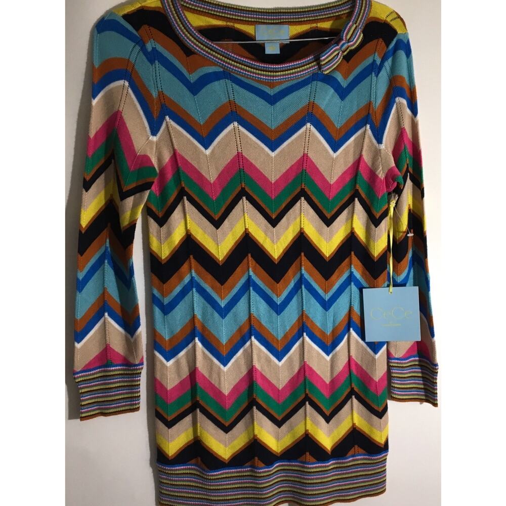 CeCe Cynthia Steffe Women's Sz XS Rainbow Chevron Stripe Tunic Top Shirt Blouse